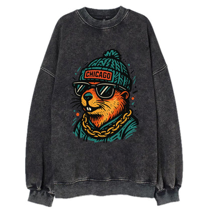 Illinois Prairie Dog wearing Chicago beanie with pom pom and wayfarer - Vintage Sweatshirt - Black