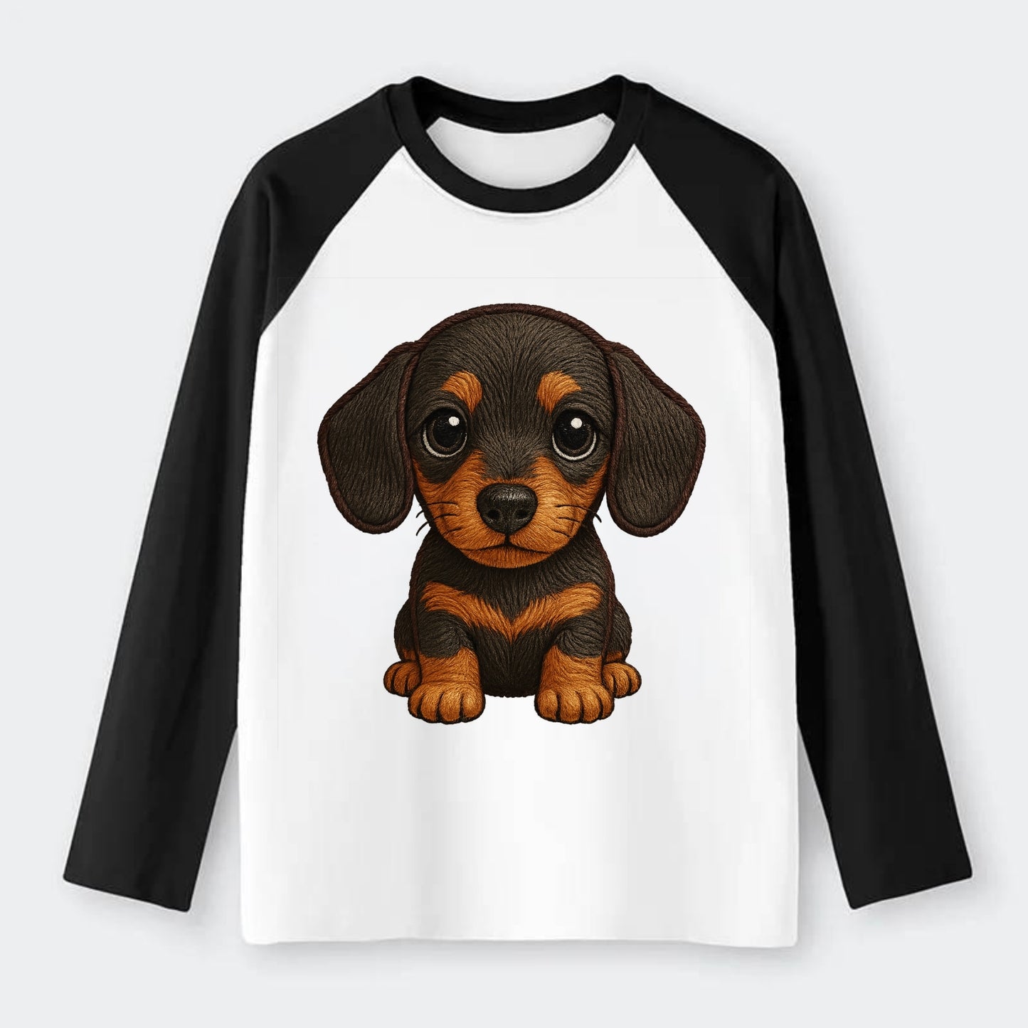 Baby Dachshund Puppy - long body, short legs, floppy ears, curious - Raglan Long Sleeve T-Shirt - Black