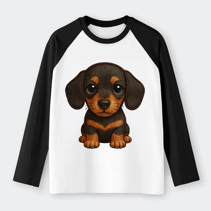 Baby Dachshund Puppy - long body, short legs, floppy ears, curious - Raglan Long Sleeve T-Shirt - Black