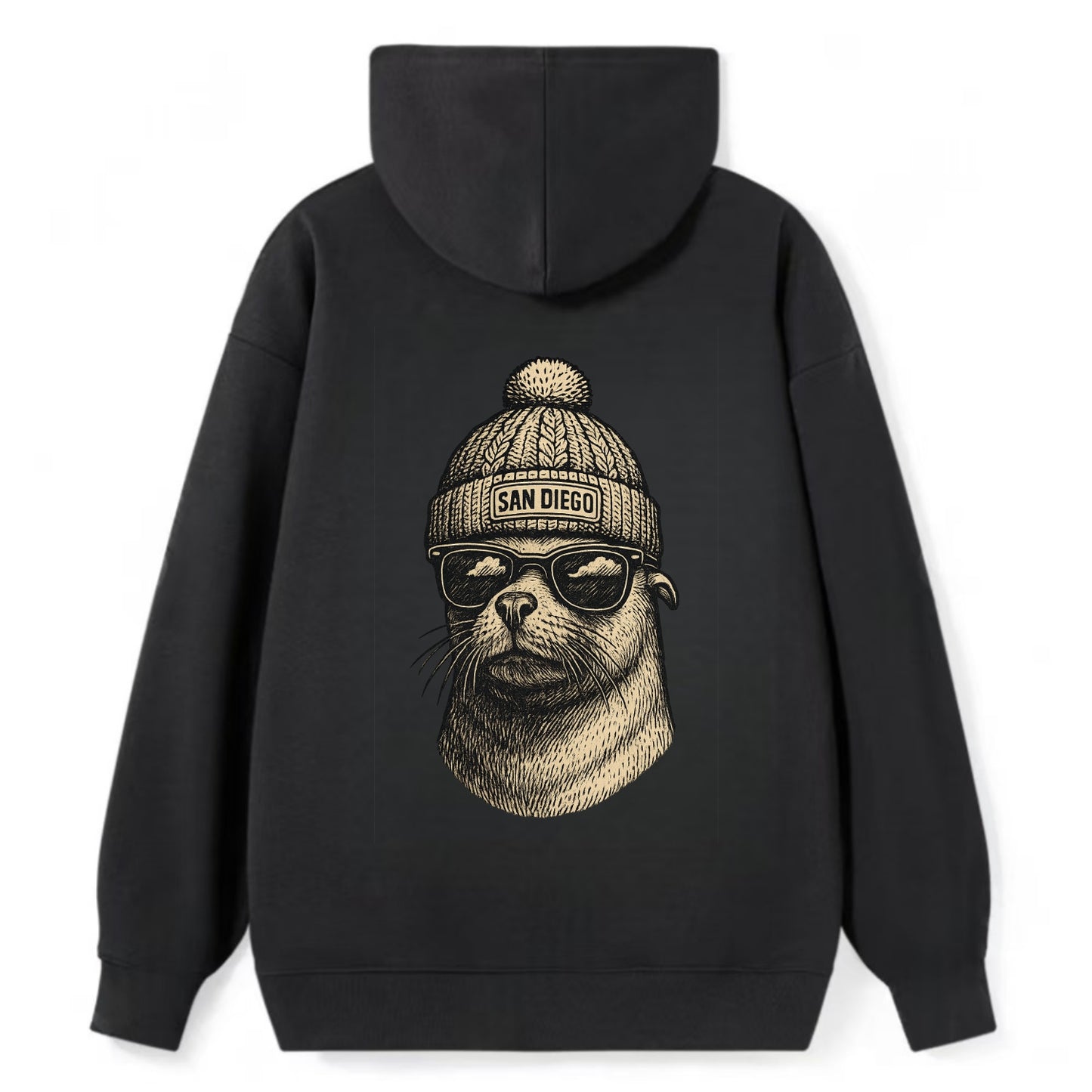 San Diego Sea Lion wearing San Diego beanie with pom pom and wayfarer - Classic Pullover Hoodie - Black