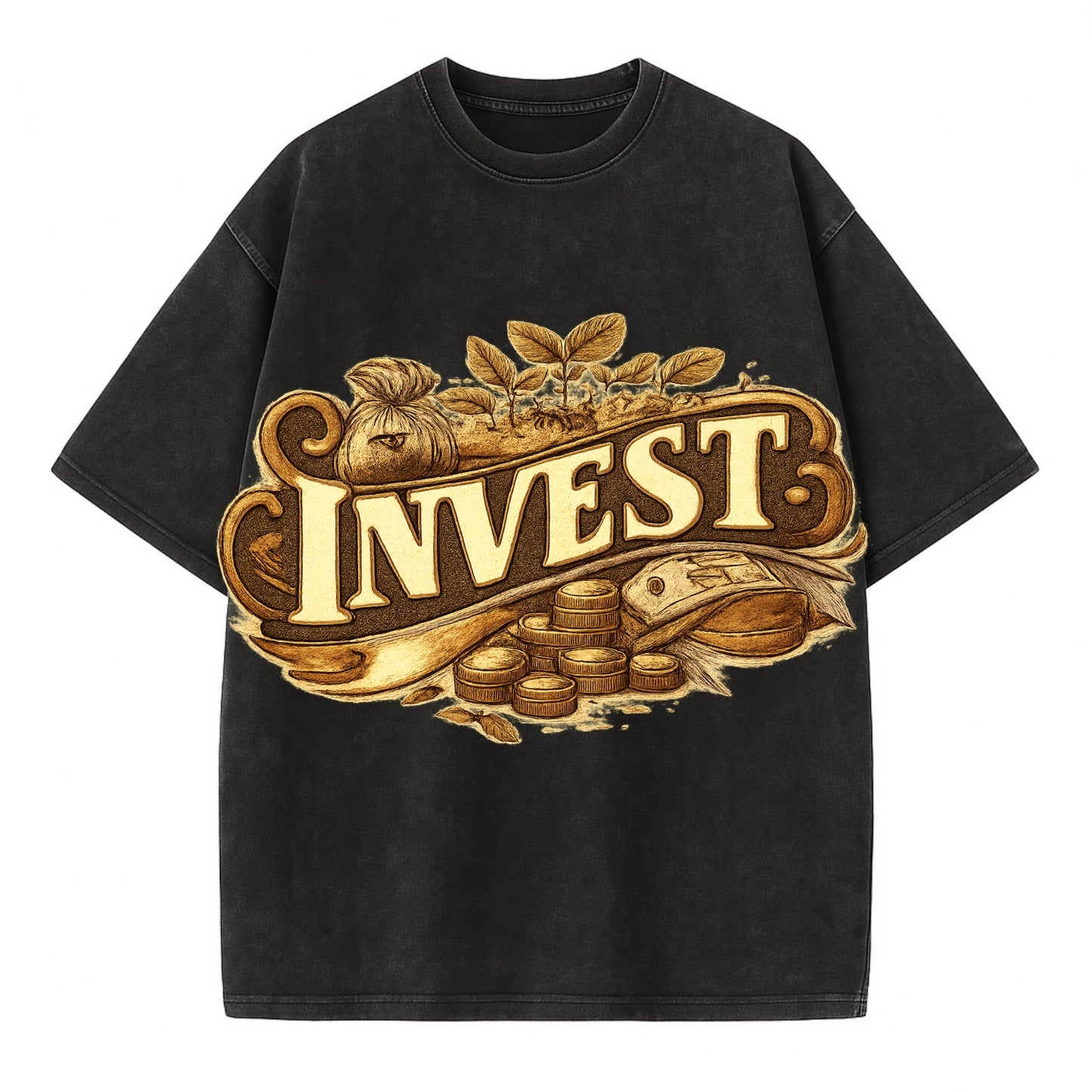 Bold typography design - "INVEST" - growing money, smart decisions - Vintage T-shirt - Black