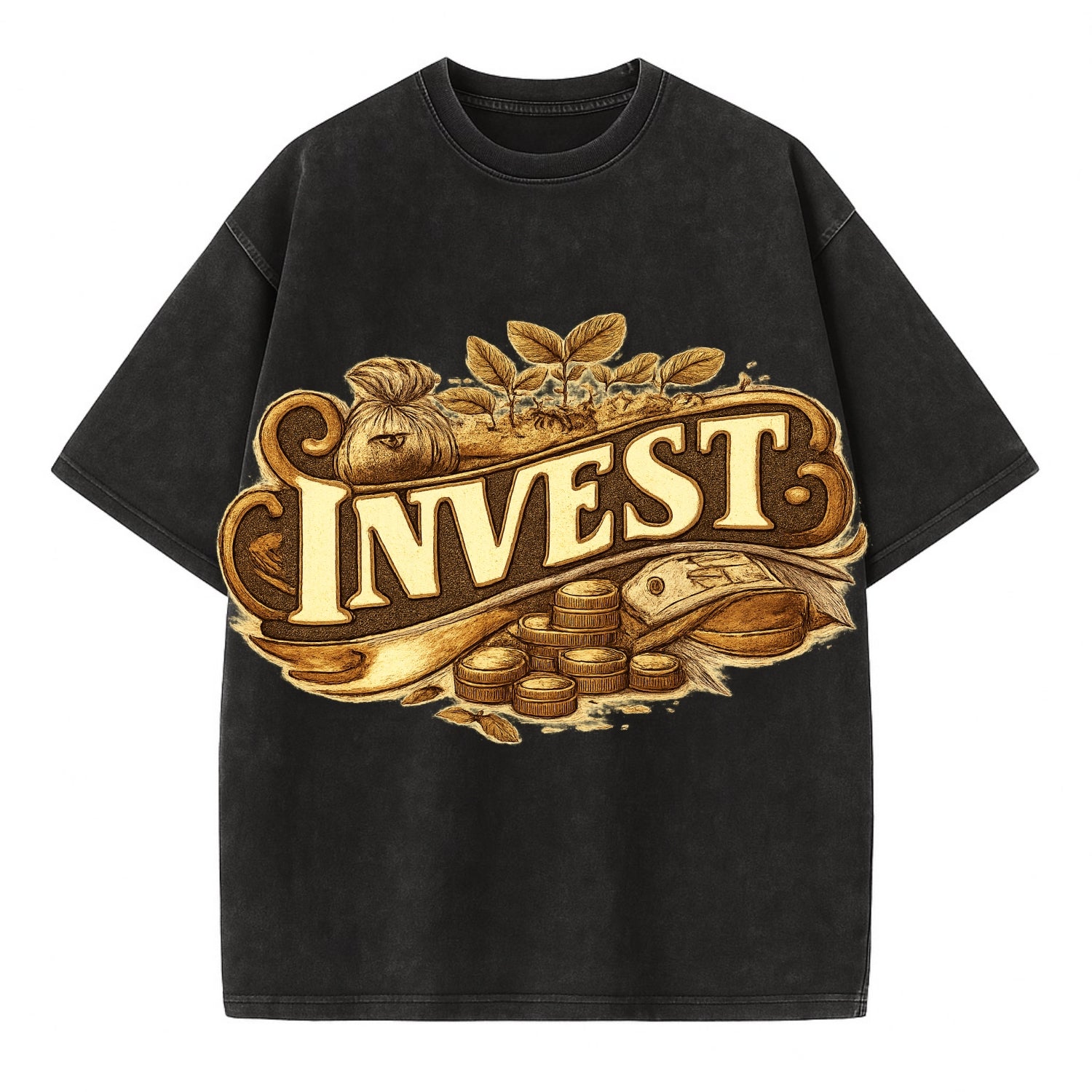 Bold typography design - "INVEST" - growing money, smart decisions - Vintage T-shirt - Black