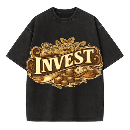 Bold typography design - "INVEST" - growing money, smart decisions - Vintage T-shirt - Black
