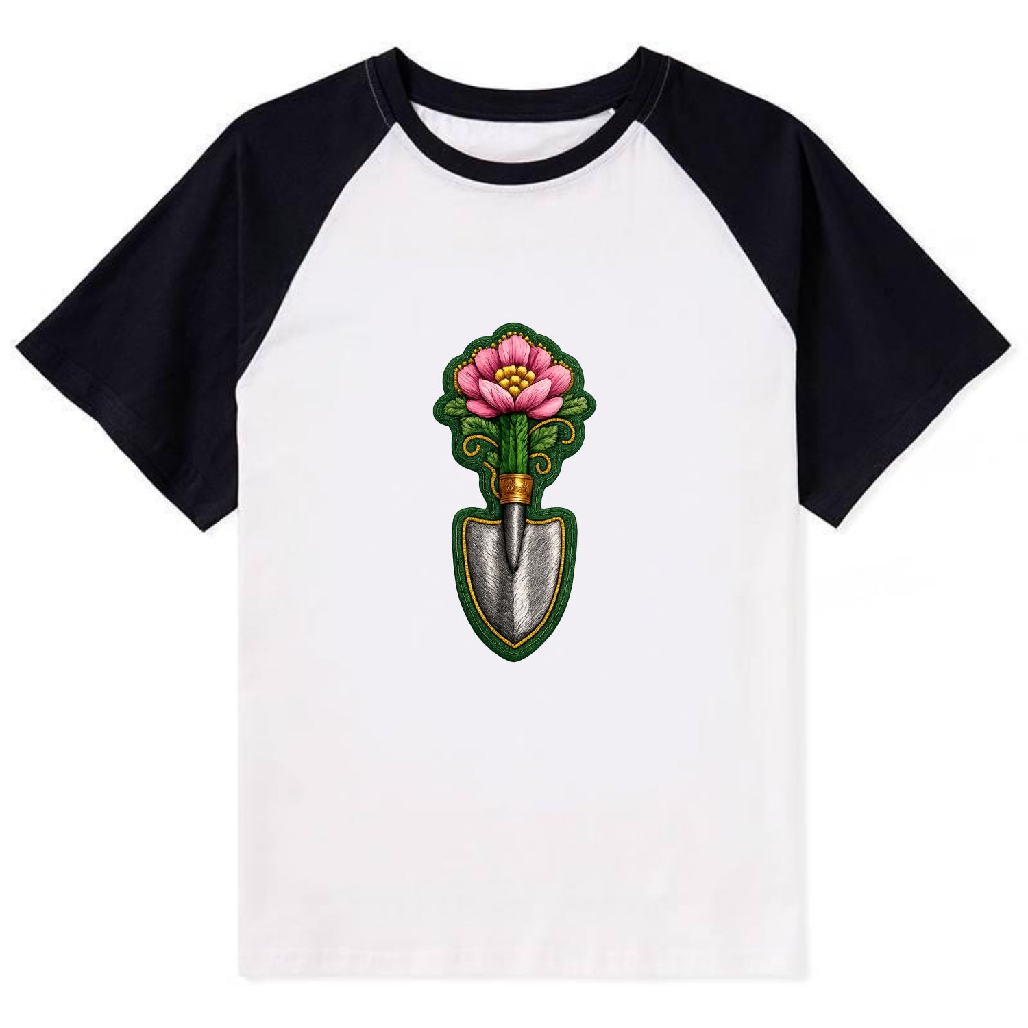 Embroidered patch design - GARDENING TROWEL FLOWER - garden tool with - Contrast Raglan T-shirt - Black