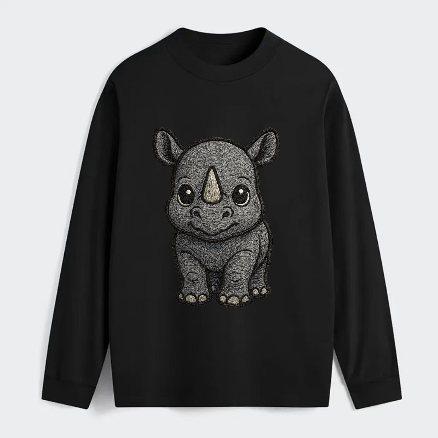 Baby Rhino - gray armor skin, tiny horn nub, round eyes, front-facing, - Classic Long Sleeve Shirt - Black