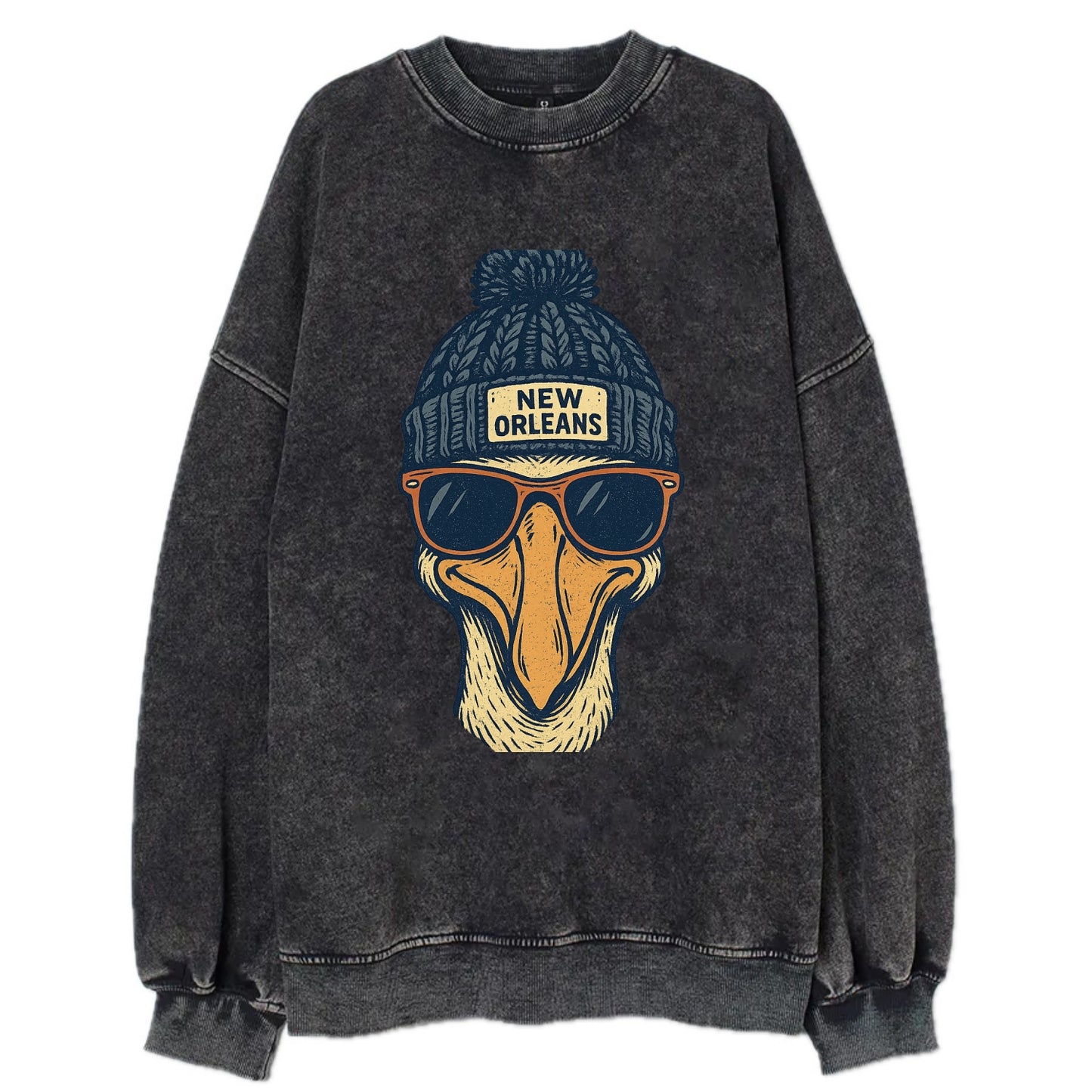 New Orleans Pelican wearing New Orleans beanie with pom pom and wayfarer - Vintage Sweatshirt - Black