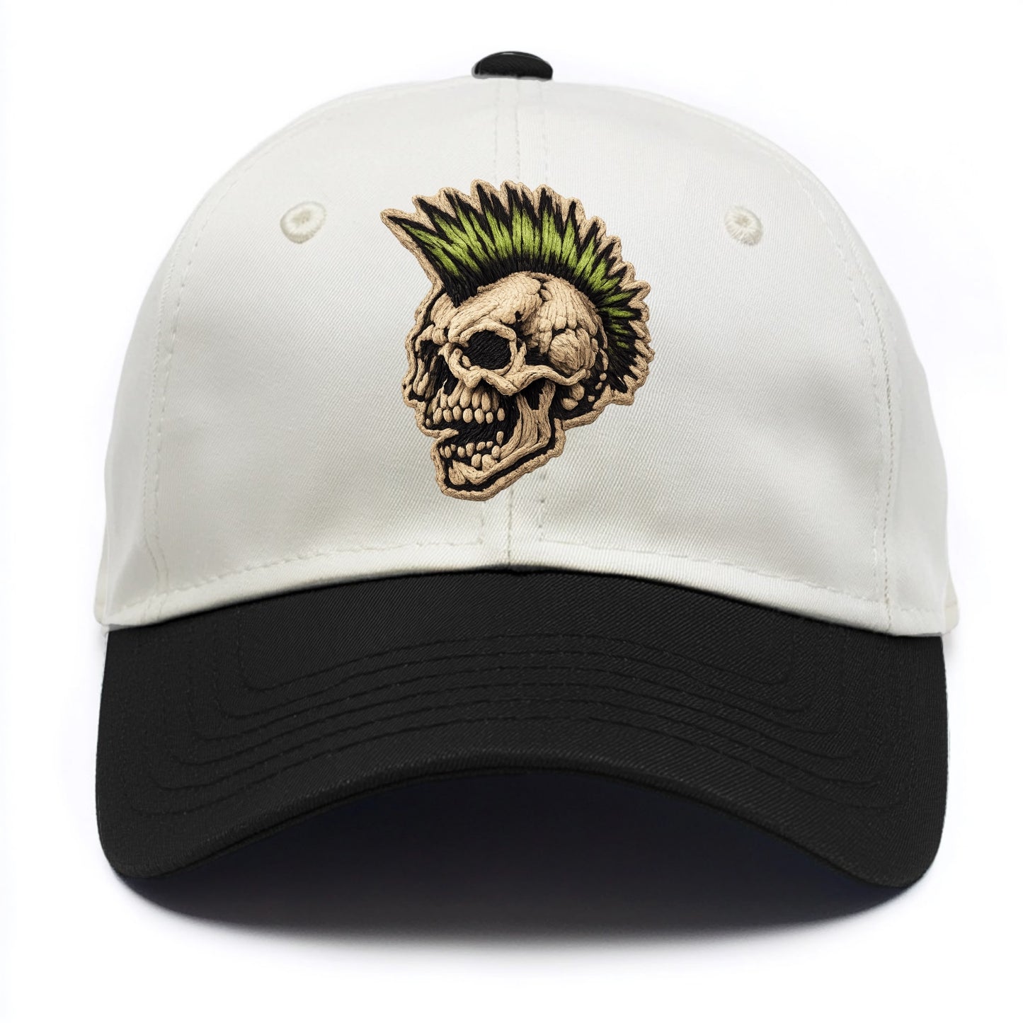 MOHAWK SKULL - punk skull with mohawk in neon green and black , punk rock - Two Tone Cap - Black