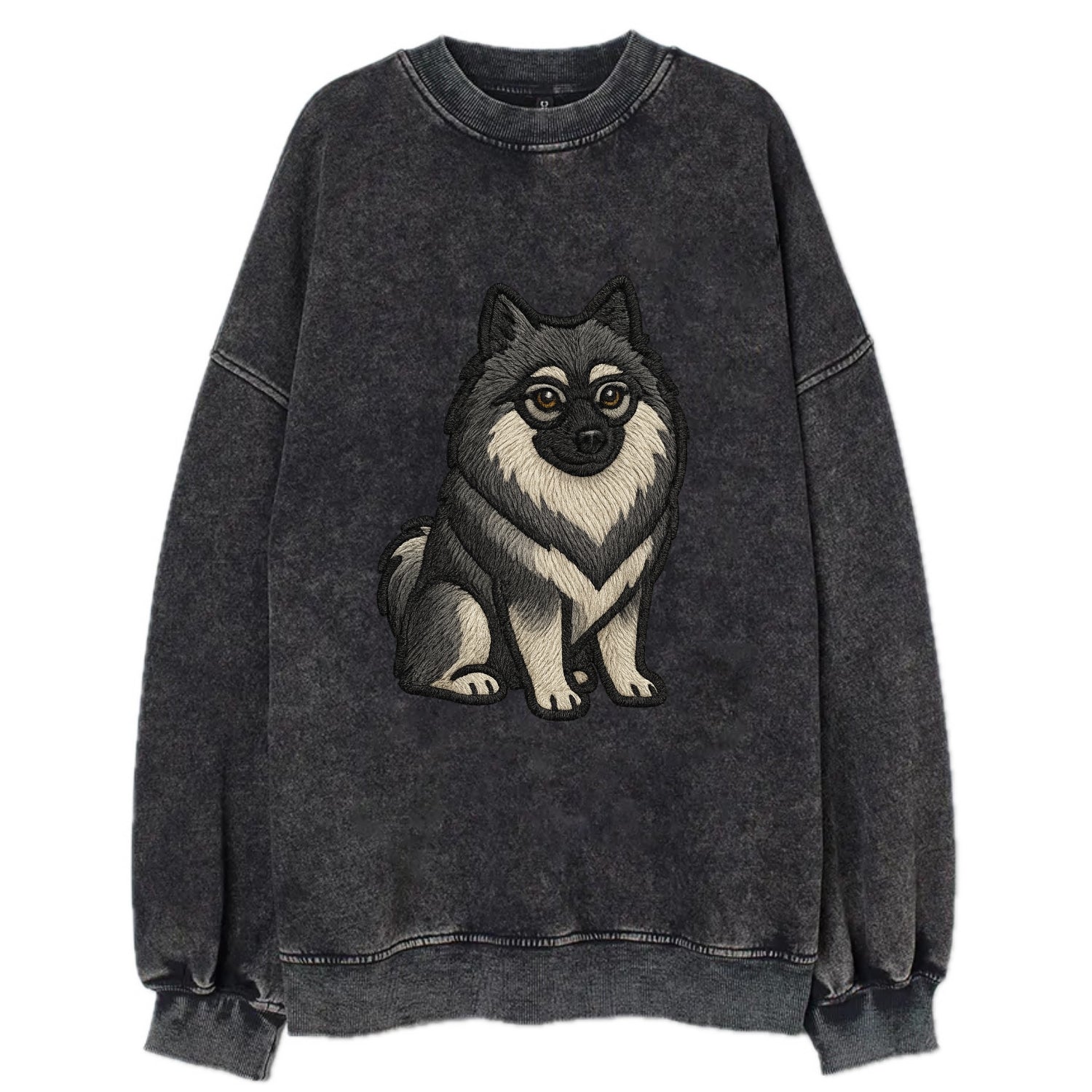 Keeshond - Gray and black spectacles embroidered design - Vintage Sweatshirt - Black