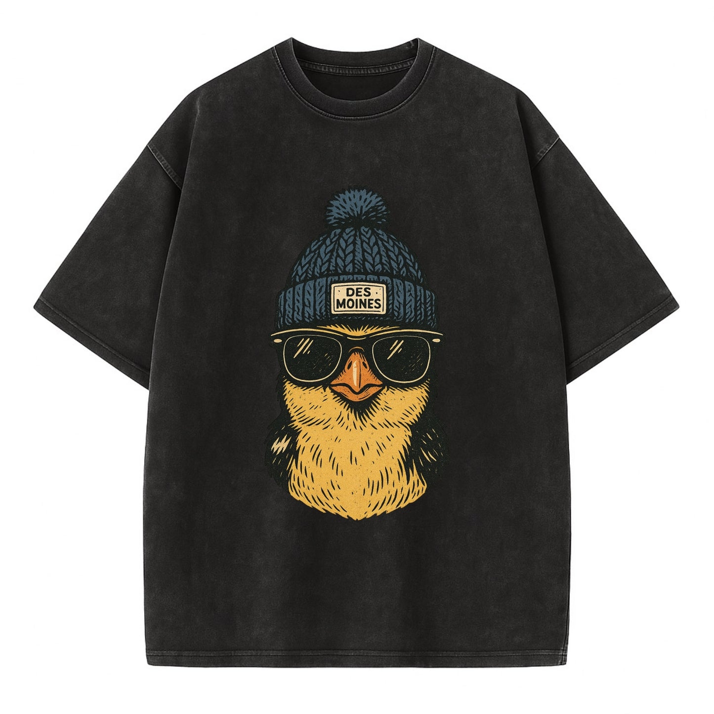 Iowa Goldfinch wearing Des Moines beanie with pom pom and wayfarer sunglasses - Vintage T-shirt - Black