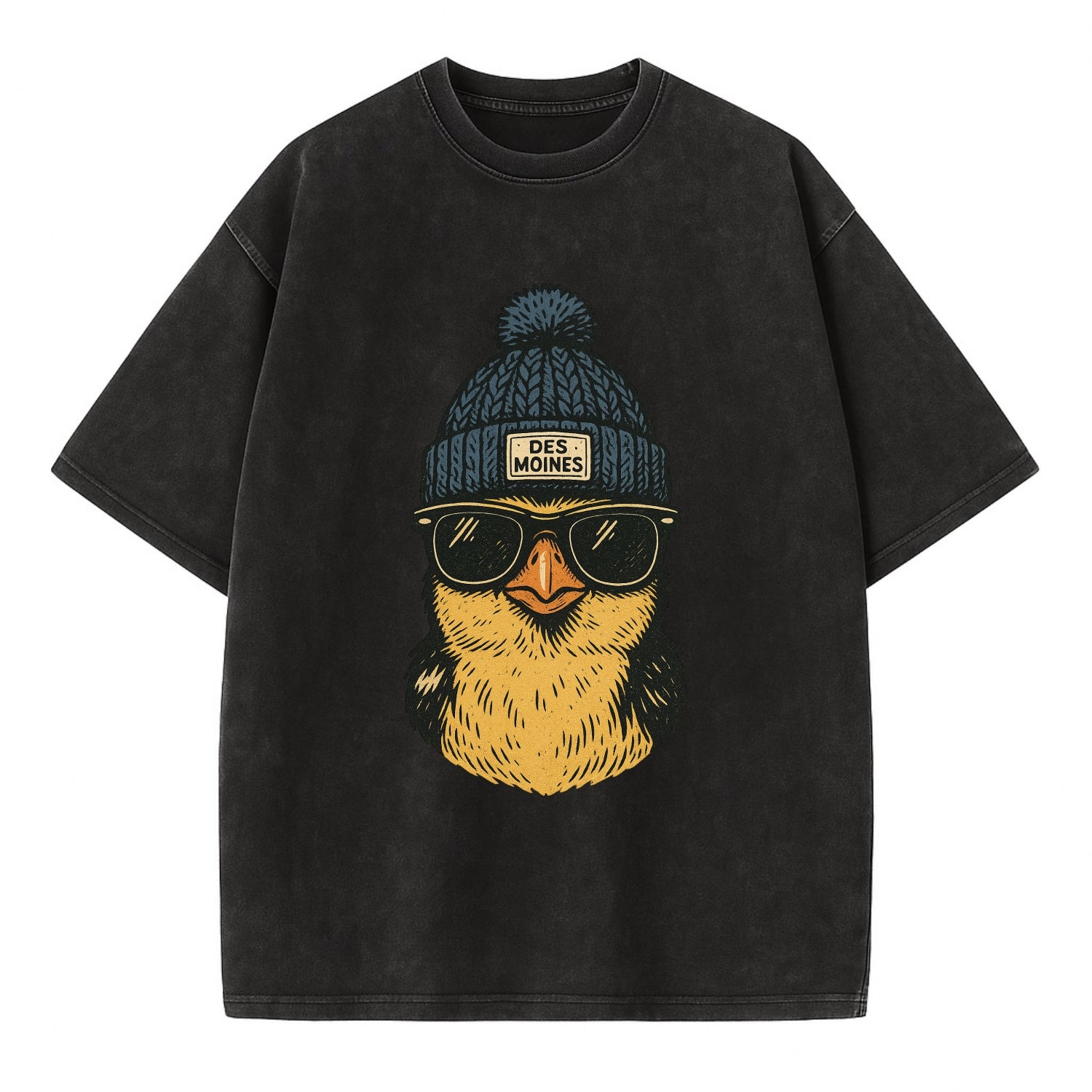 Iowa Goldfinch wearing Des Moines beanie with pom pom and wayfarer sunglasses - Vintage T-shirt - Black