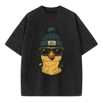 Iowa Goldfinch wearing Des Moines beanie with pom pom and wayfarer sunglasses - Vintage T-shirt - Black