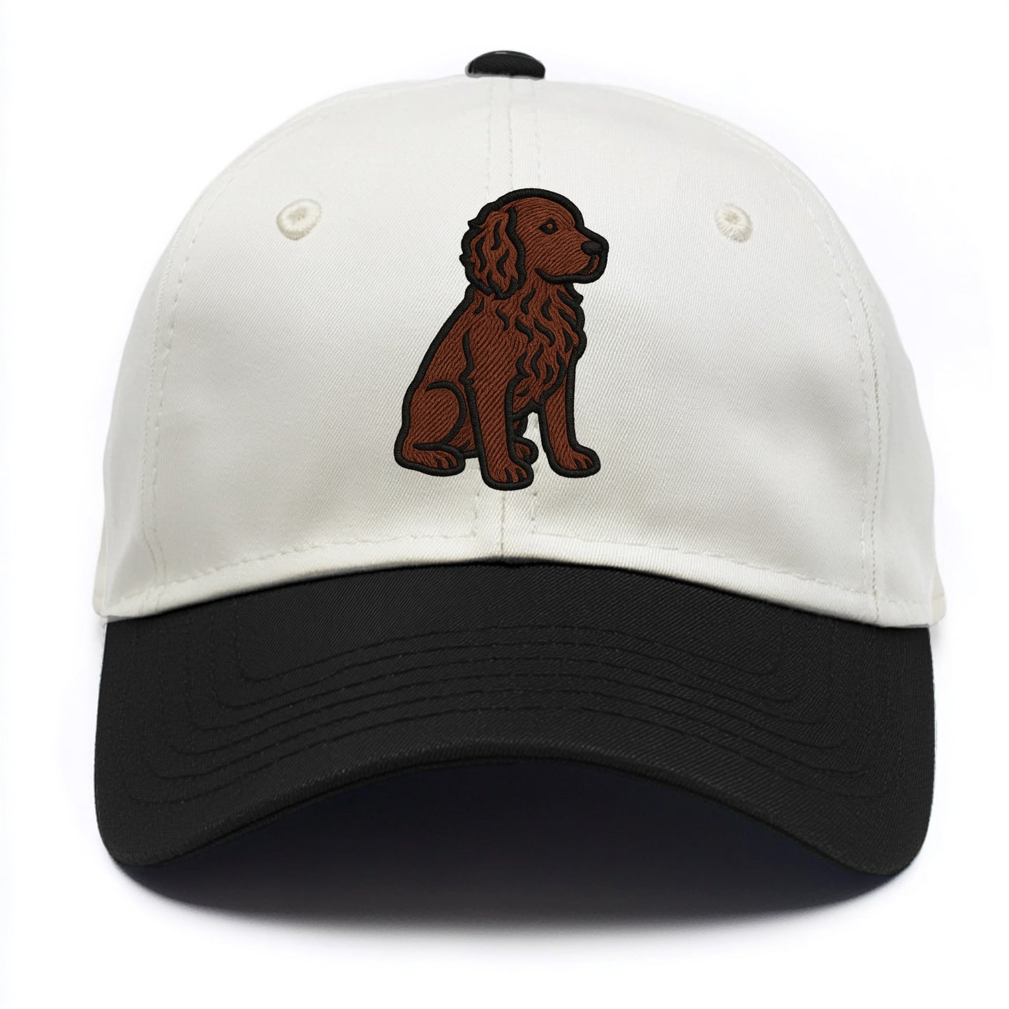 Boykin Spaniel - Rich chocolate brown wavy coat embroidered sitting pose - Two Tone Cap - Black