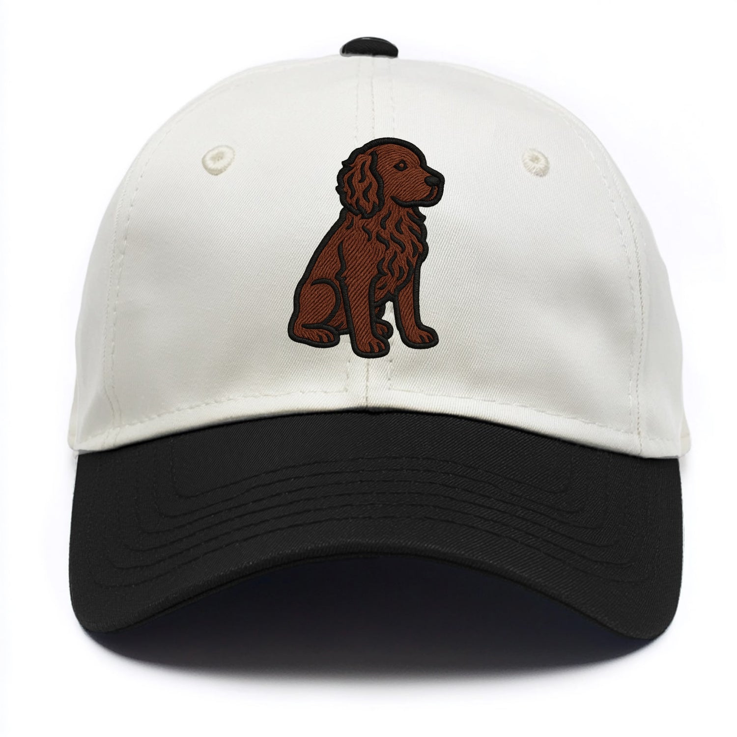 Boykin Spaniel - Rich chocolate brown wavy coat embroidered sitting pose - Two Tone Cap - Black