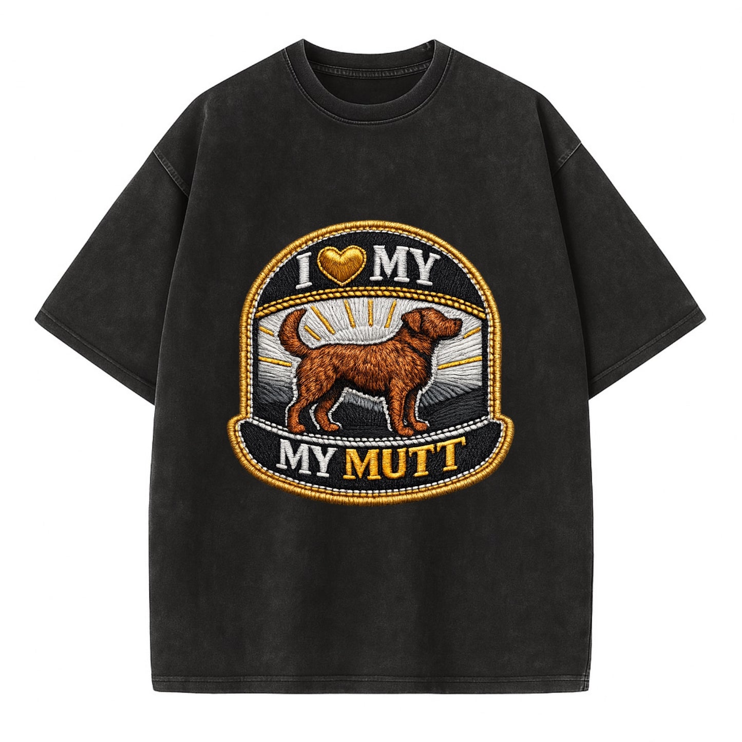 I LOVE MY MUTT - mixed breed silhouette in brown , rescue pride - Vintage T-shirt - Black