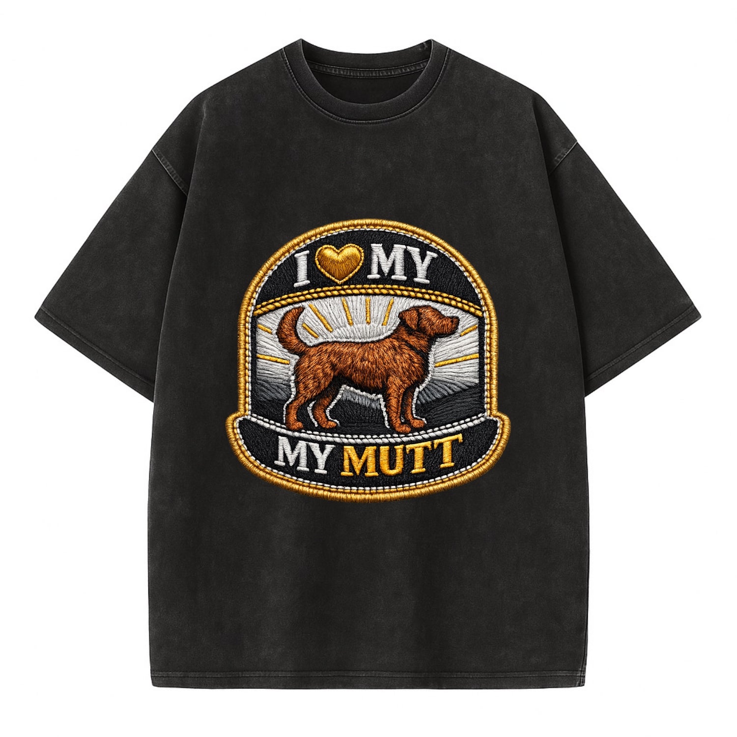 I LOVE MY MUTT - mixed breed silhouette in brown , rescue pride - Vintage T-shirt - Black