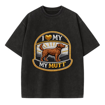 I LOVE MY MUTT - mixed breed silhouette in brown , rescue pride - Vintage T-shirt - Black