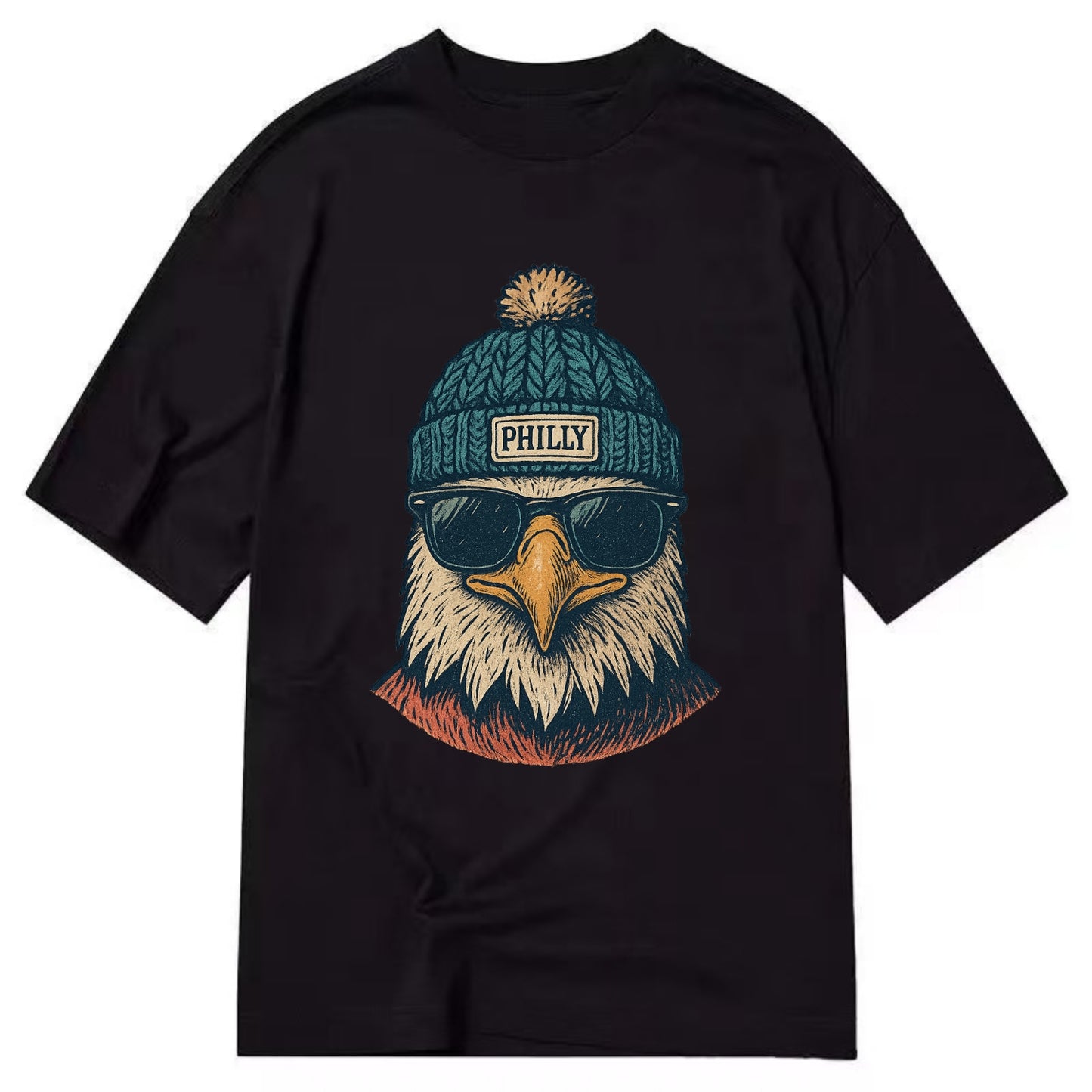 Philadelphia Eagle wearing Philly beanie with pom pom and wayfarer sunglasses - Classic T-shirt - Black