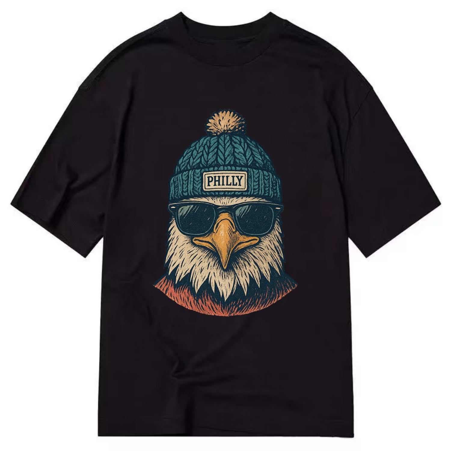 Philadelphia Eagle wearing Philly beanie with pom pom and wayfarer sunglasses - Classic T-shirt - Black