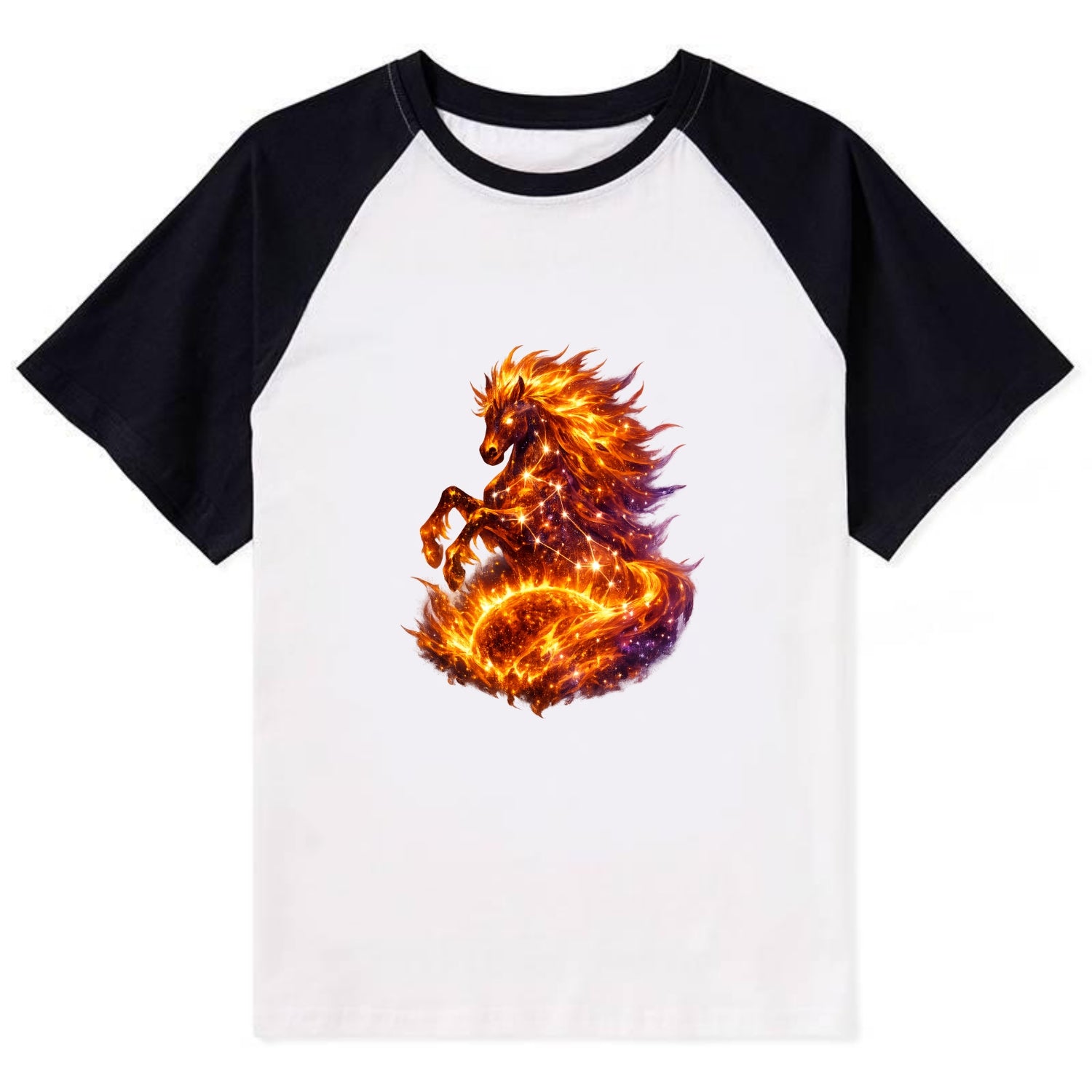 SOLAR FLARE | Horse emerging from the sun | Solar corona mane | Star - Contrast Raglan T-shirt - Black