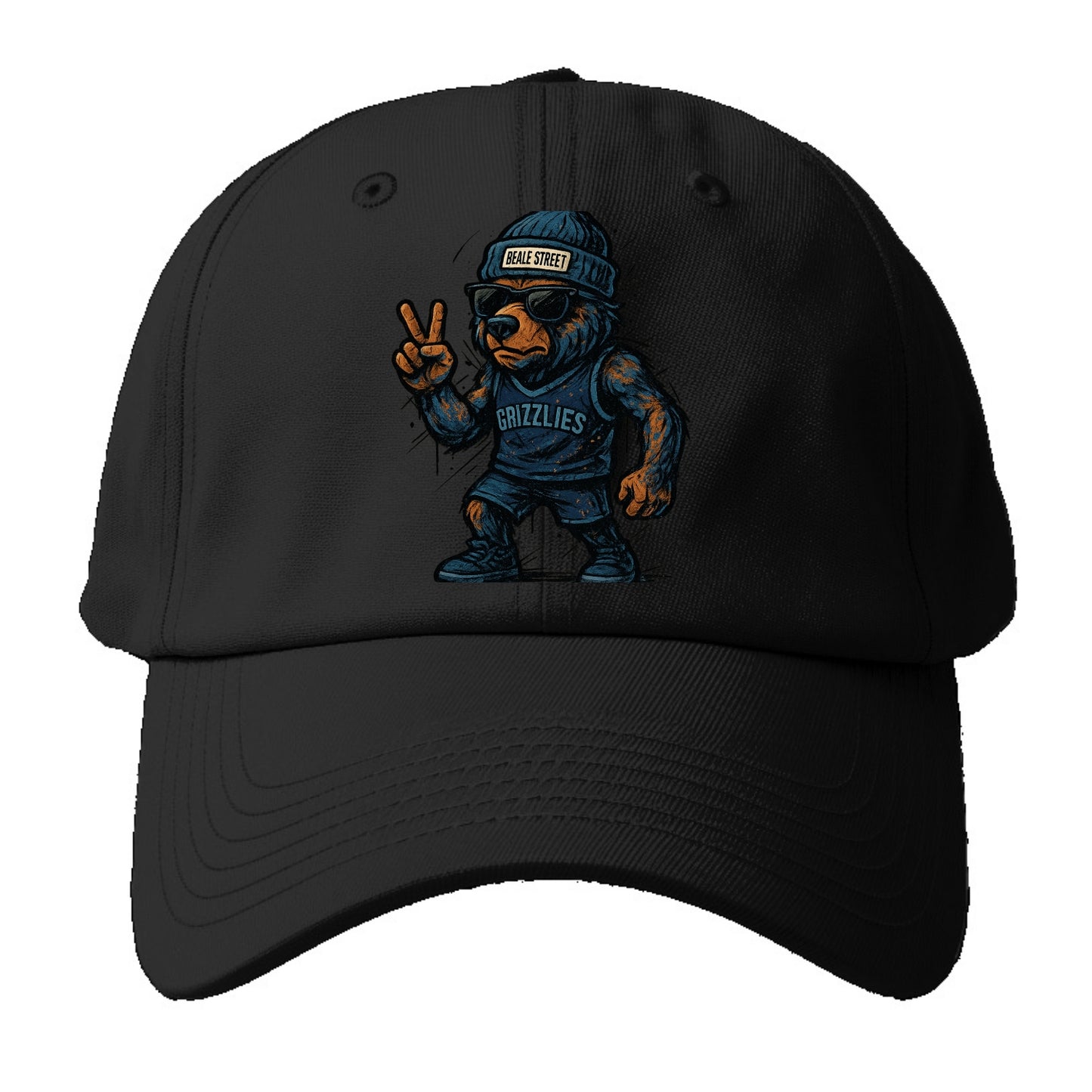Memphis Grizzly Bear wearing Grizzlies navy and light blue beanie with Beale Street - Baseball Cap - Black