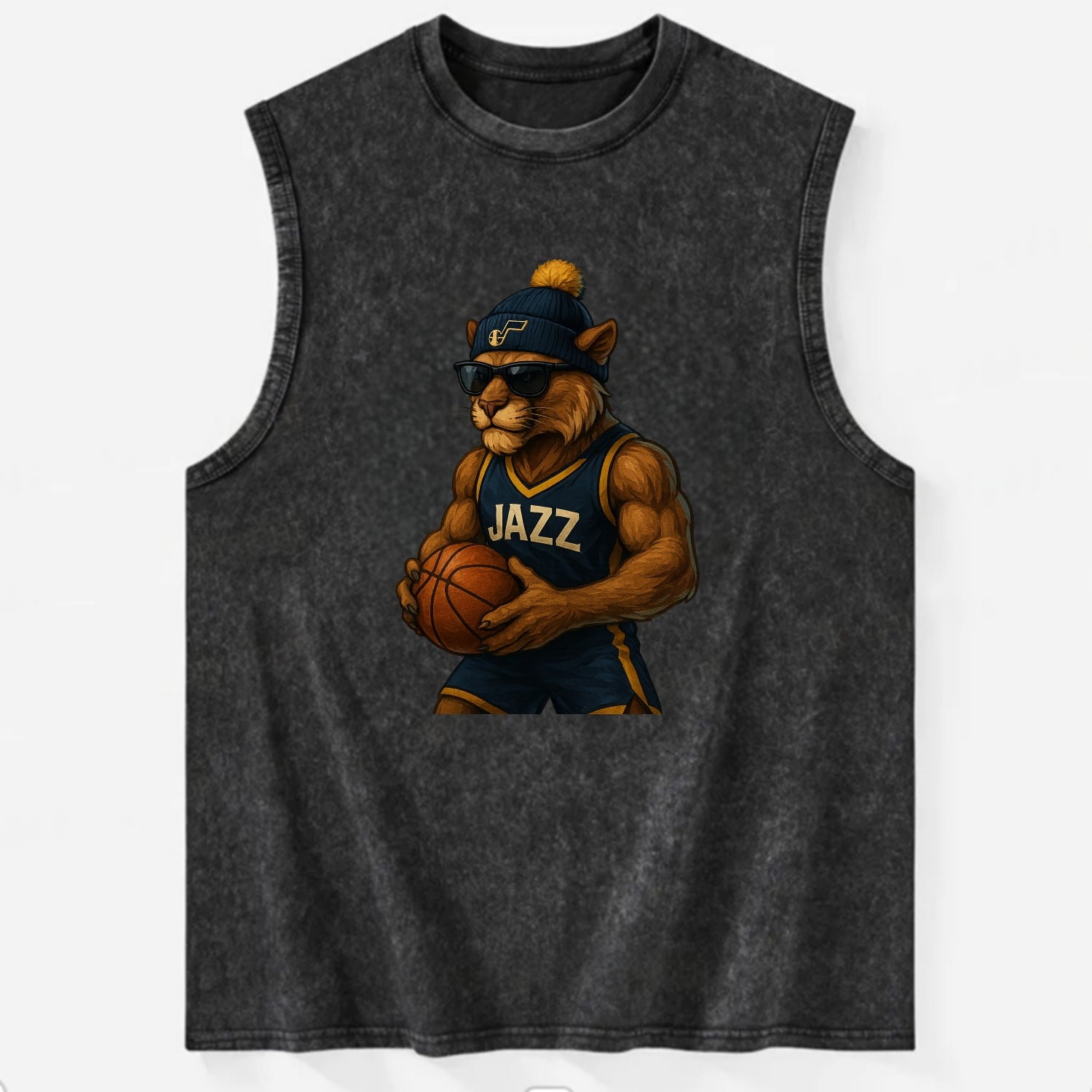 Utah Mountain Lion wearing Jazz navy and yellow beanie with music note and - Vintage Washed Tank - Black