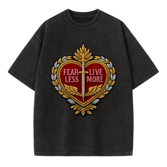 FEAR LESS LIVE MORE - heart with text in red , courage - Vintage T-shirt - Black