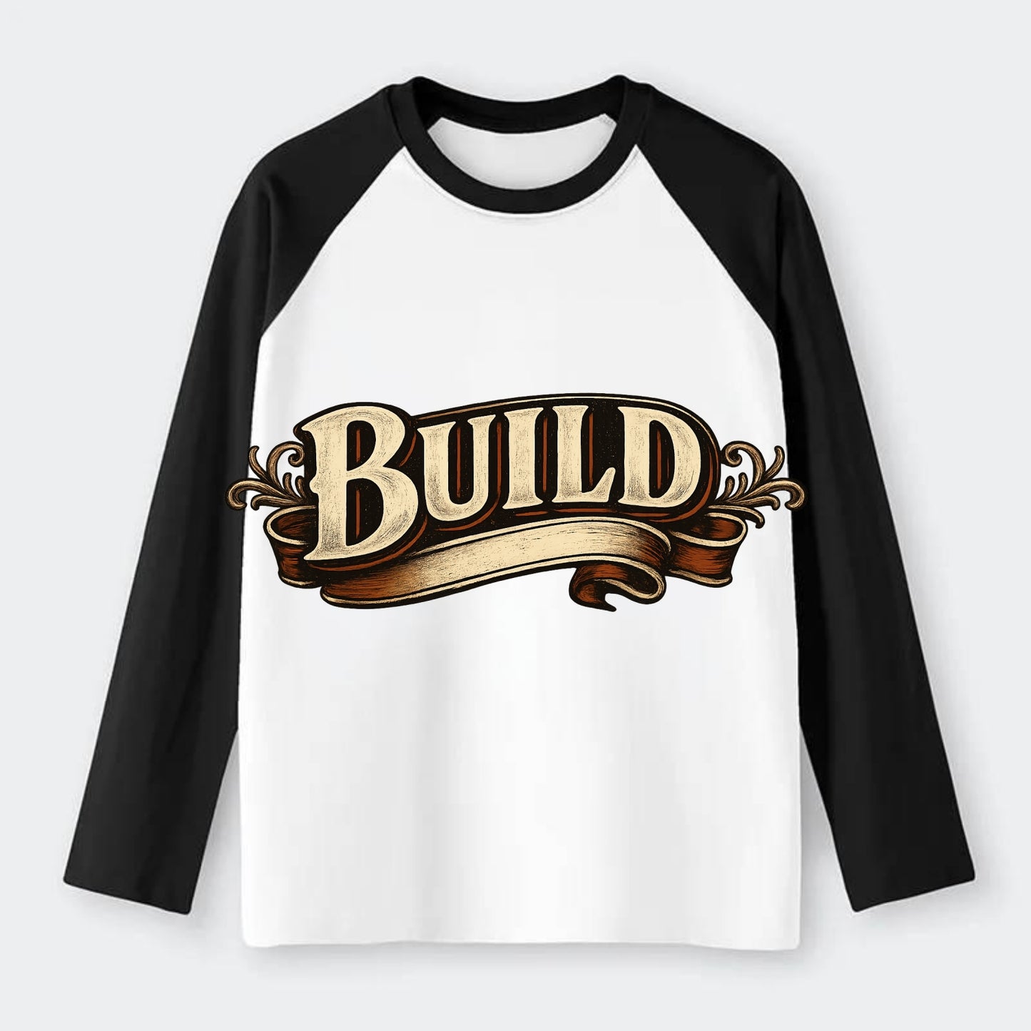 Bold typography design - "BUILD" - constructing, making real - Raglan Long Sleeve T-Shirt - Black