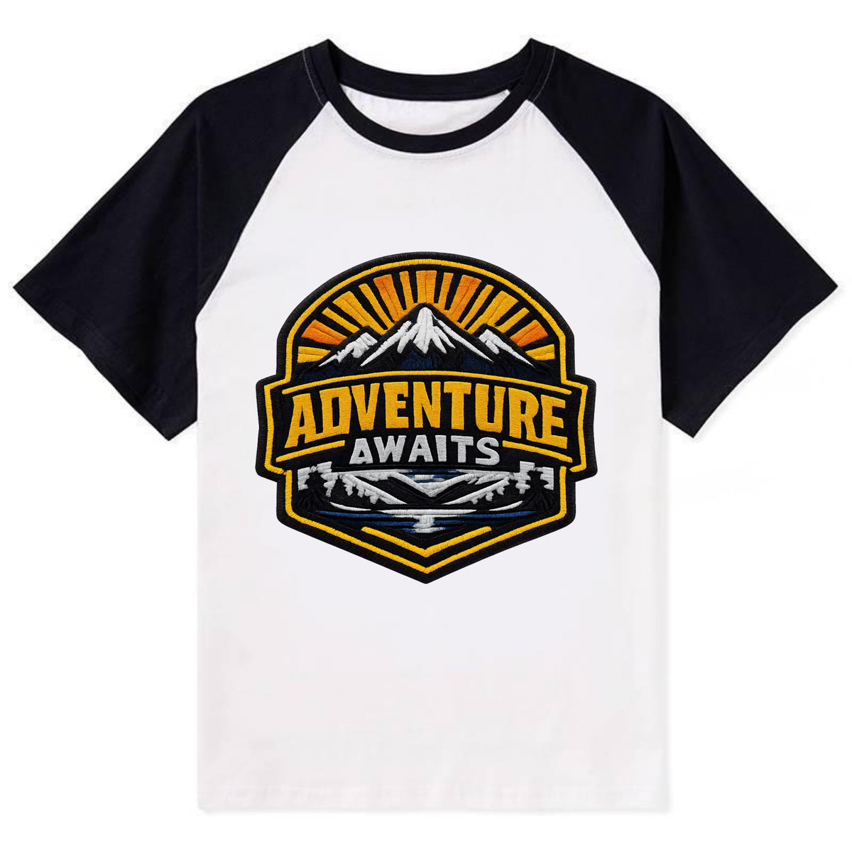 ADVENTURE AWAITS - mountain sunrise with text in gold and blue , - Contrast Raglan T-shirt - Black