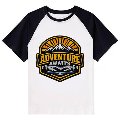 ADVENTURE AWAITS - mountain sunrise with text in gold and blue , - Contrast Raglan T-shirt - Black