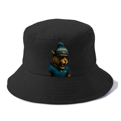 Jacksonville Jaguar wearing Jaguars teal and gold beanie with pom pom and wayfarer - Bucket Hat - Black