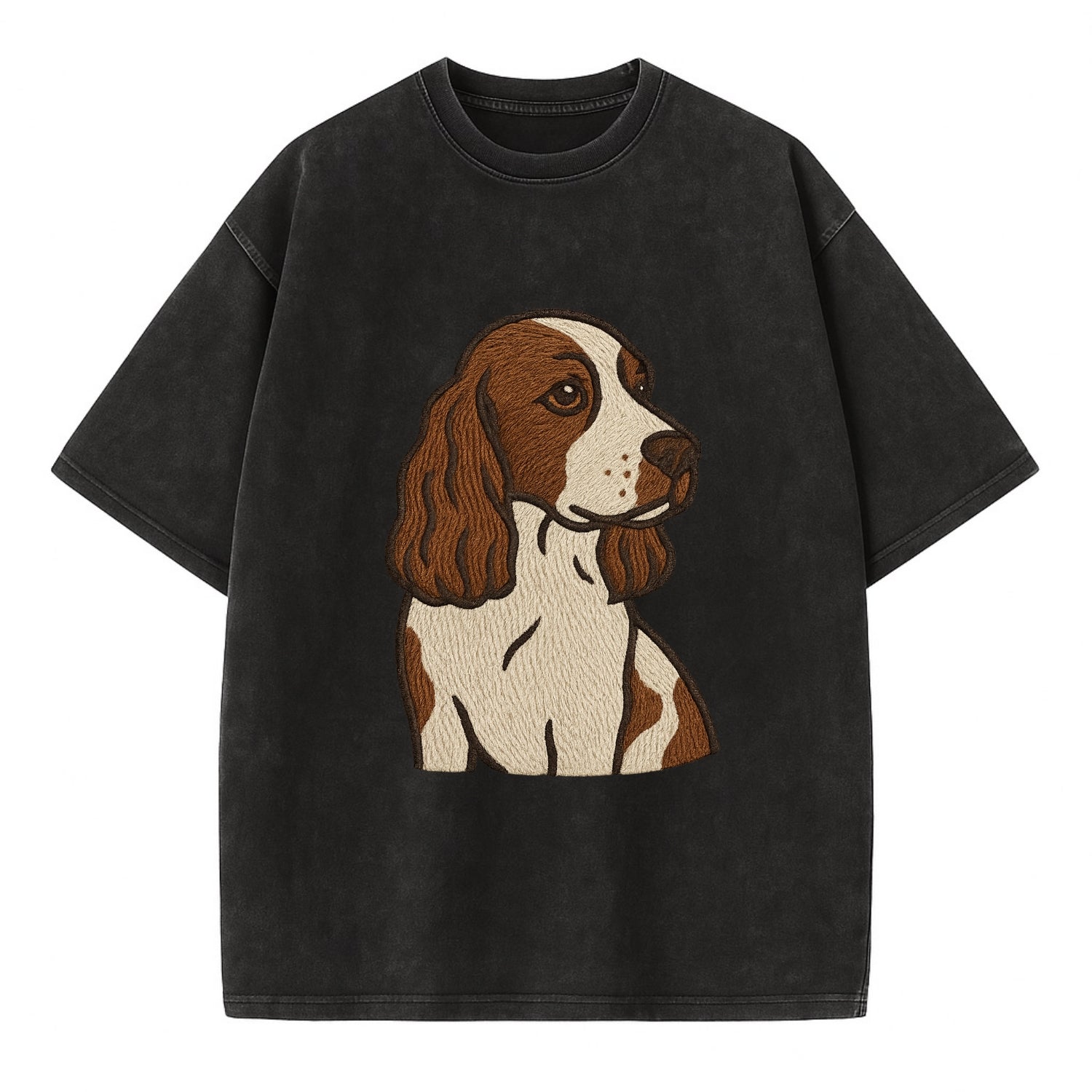 English Cocker Spaniel - Liver and white embroidered design - Vintage T-shirt - Black