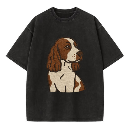 English Cocker Spaniel - Liver and white embroidered design - Vintage T-shirt - Black