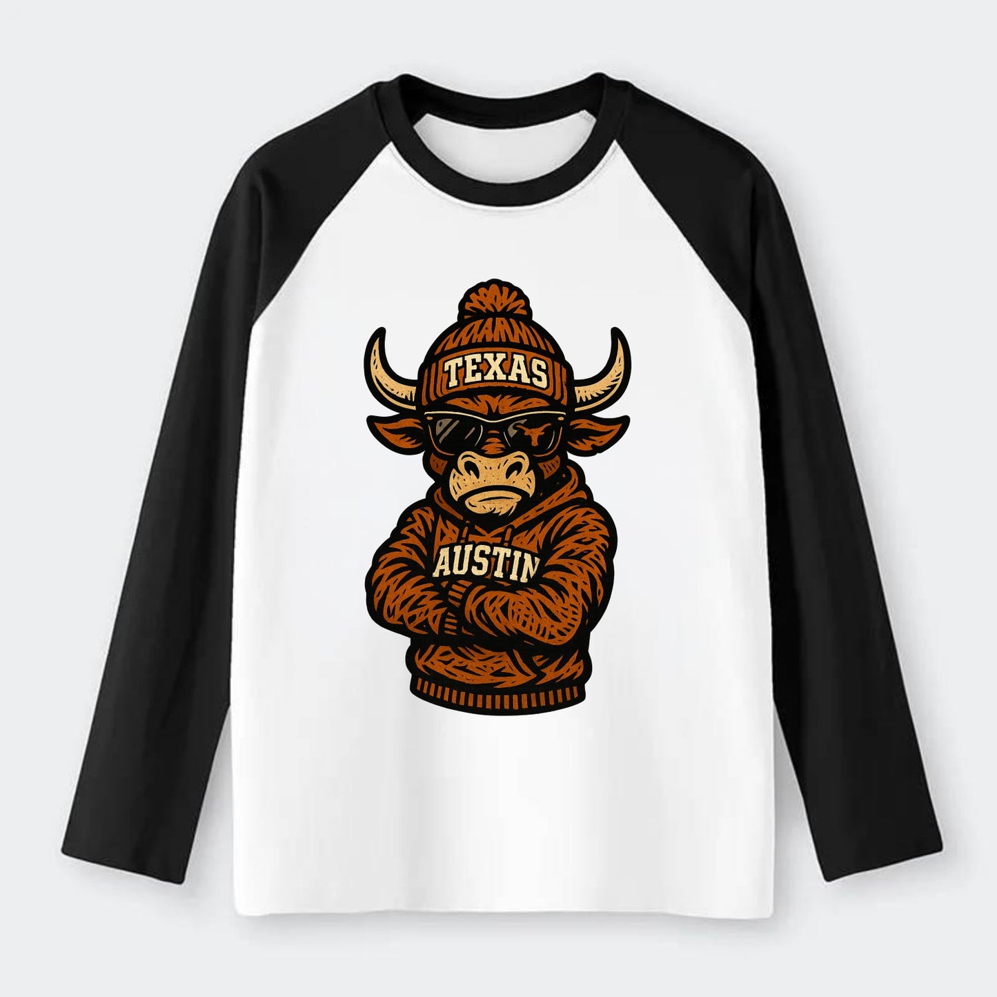 Austin Bevo wearing Texas beanie with longhorn patch - Raglan Long Sleeve T-Shirt - Black