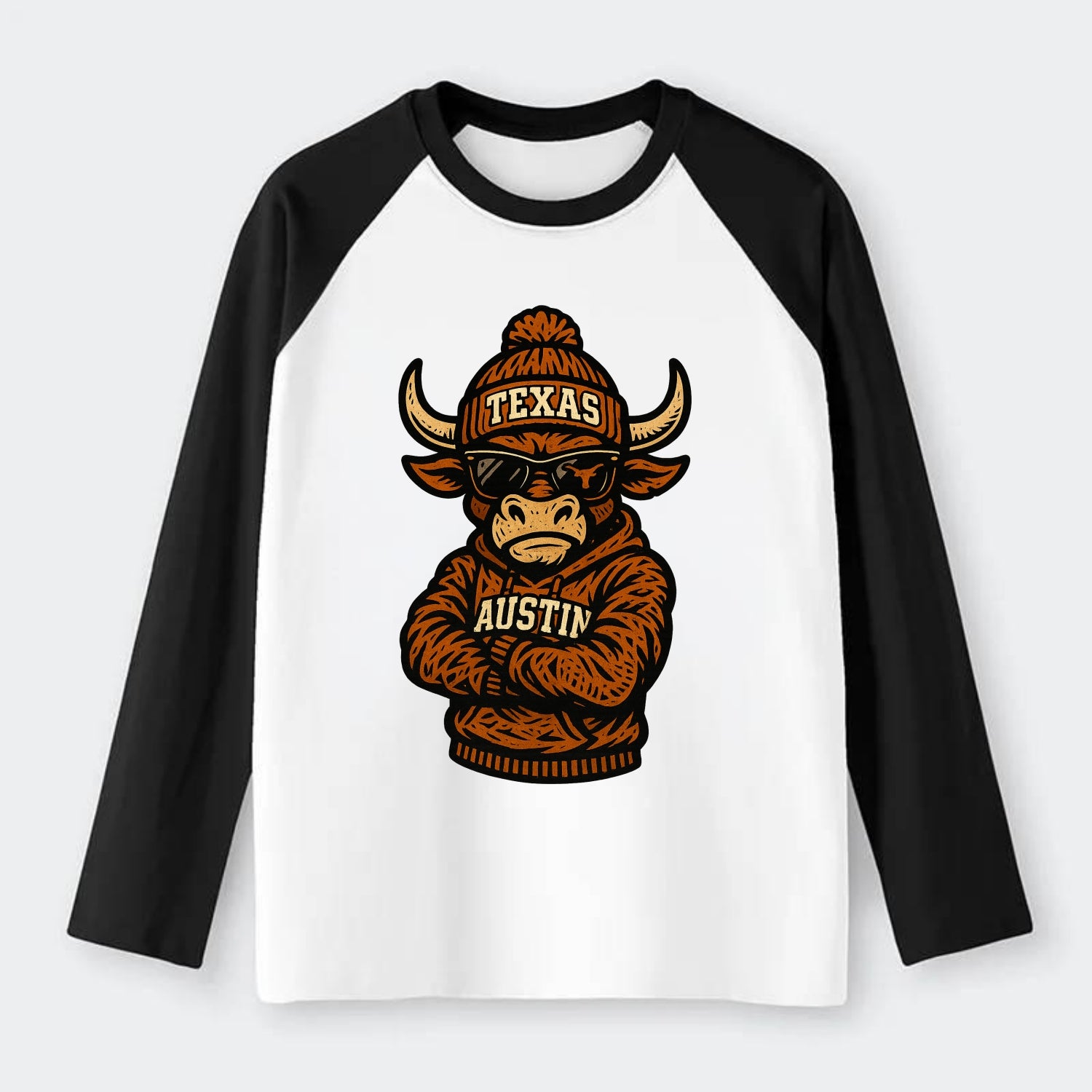 Austin Bevo wearing Texas beanie with longhorn patch - Raglan Long Sleeve T-Shirt - Black