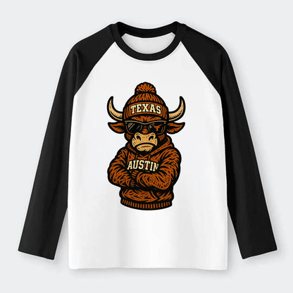 Austin Bevo wearing Texas beanie with longhorn patch - Raglan Long Sleeve T-Shirt - Black