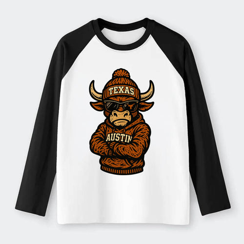 Austin Bevo wearing Texas beanie with longhorn patch - Raglan Long Sleeve T-Shirt
