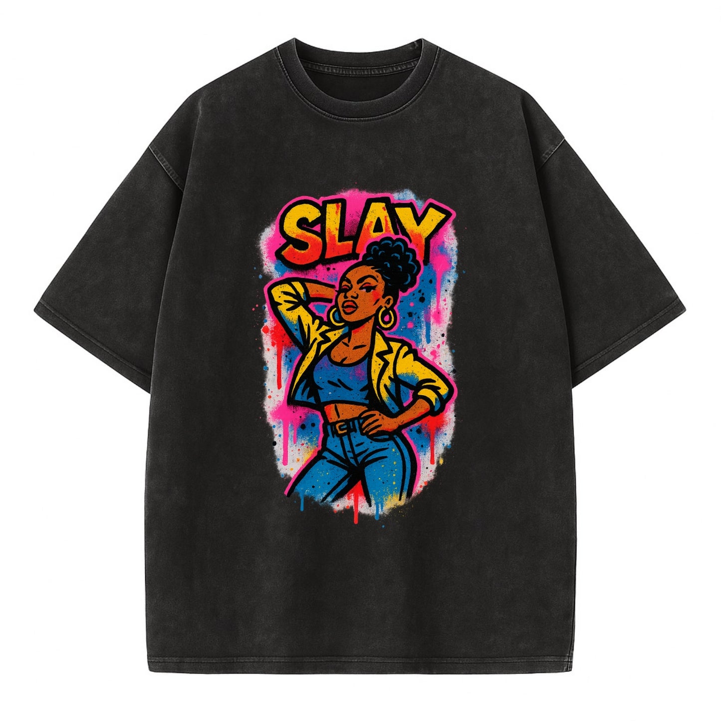 Empowered figure striking confident pose - "slay" culture, fierce and fabulous - Vintage T-shirt - Black