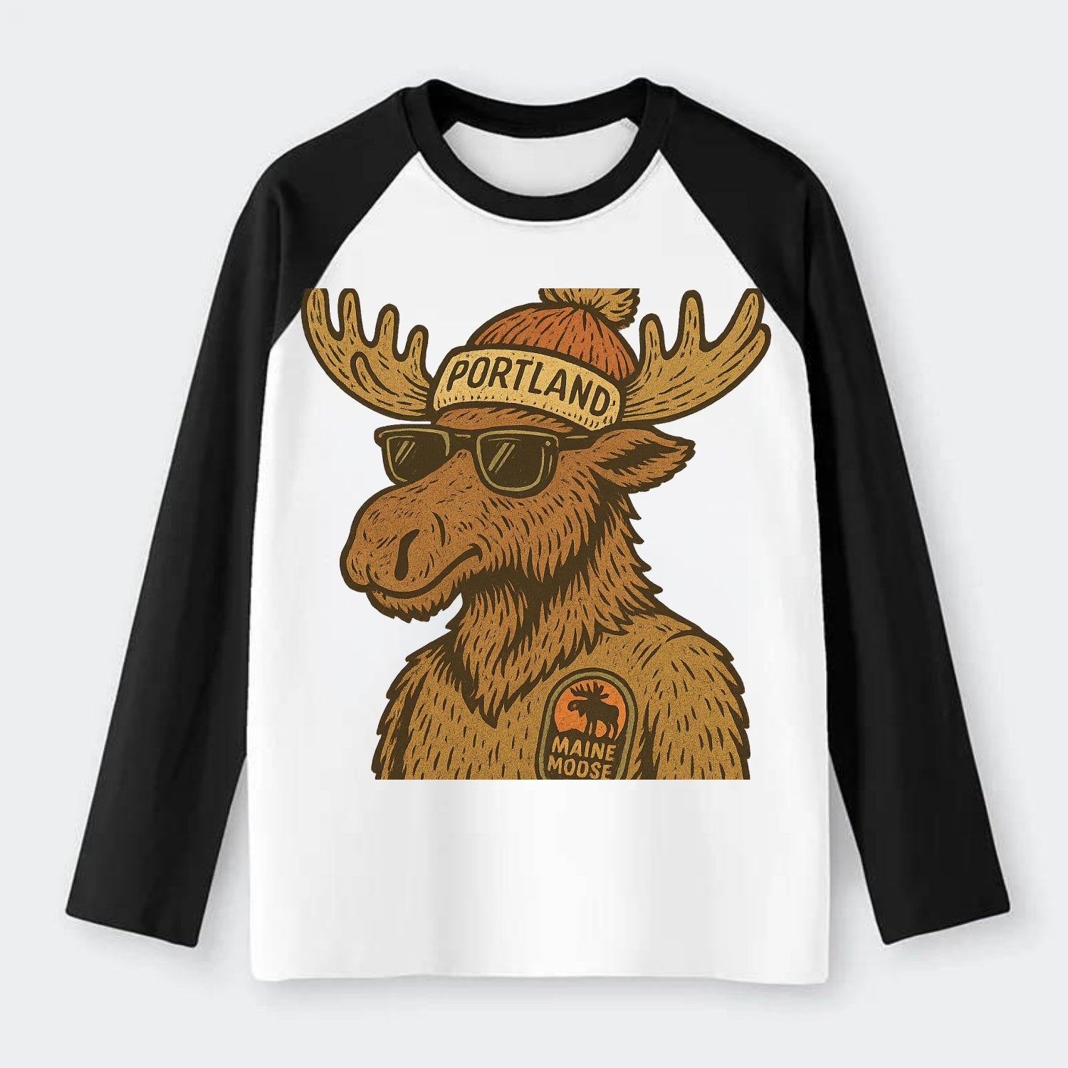 Maine Moose wearing Portland beanie with pom pom and wayfarer - Raglan Long Sleeve T-Shirt - Black