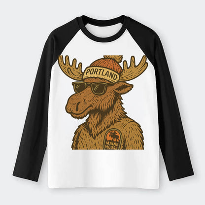 Maine Moose wearing Portland beanie with pom pom and wayfarer - Raglan Long Sleeve T-Shirt - Black