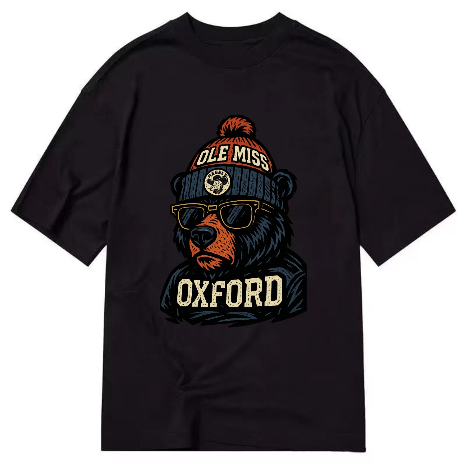 Oxford Black Bear wearing Ole Miss beanie with rebel patch - Classic T-shirt - Black