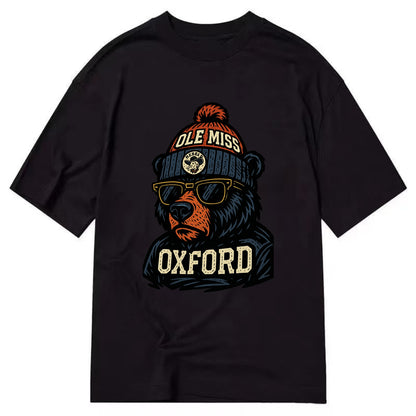 Oxford Black Bear wearing Ole Miss beanie with rebel patch - Classic T-shirt - Black