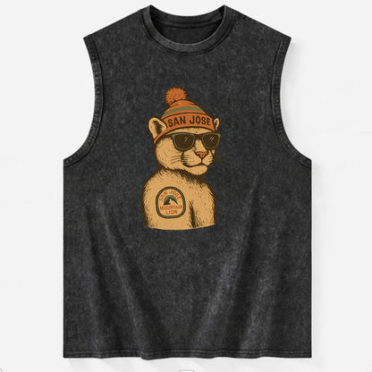 San Jose Mountain Lion wearing San Jose beanie with pom pom and wayfarer - Vintage Washed Tank - Black