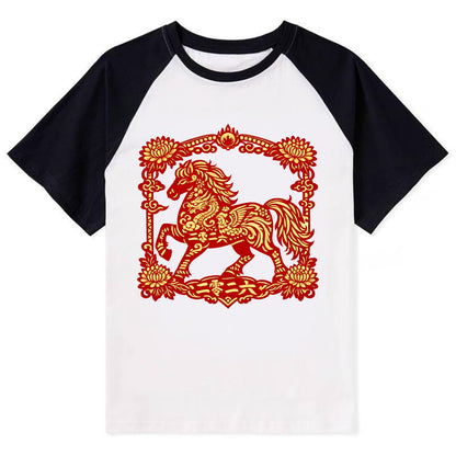 HORSE | Silk style horse design | Gold and silver thread appearance | - Contrast Raglan T-shirt - Black
