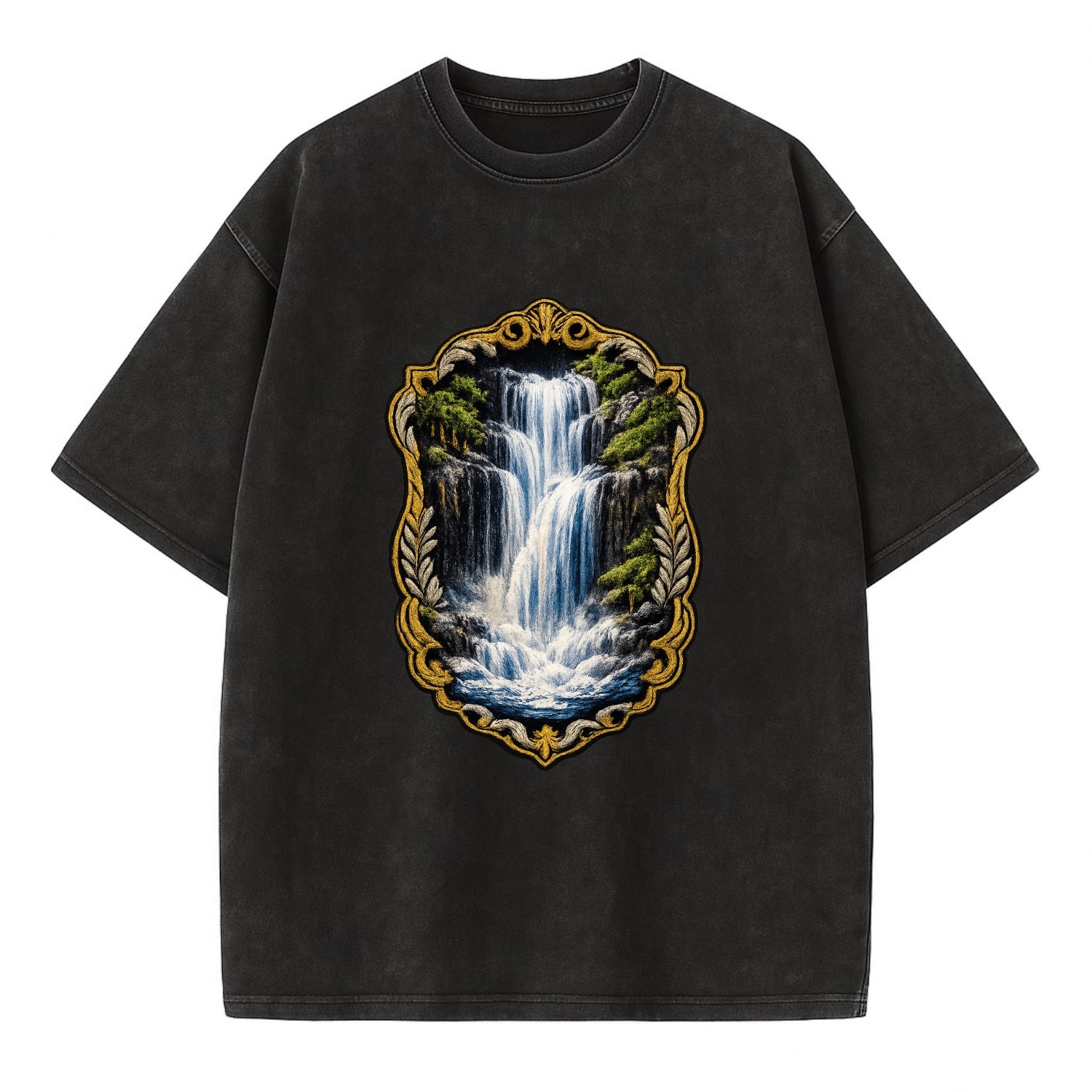 WATERFALL CASCADE - falling water with mist in blue and white , nature wonder - Vintage T-shirt - Black