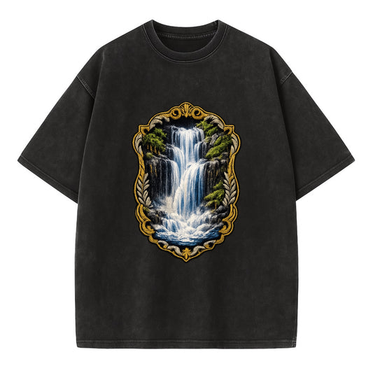 WATERFALL CASCADE - falling water with mist in blue and white , nature wonder - Vintage T-shirt - Black