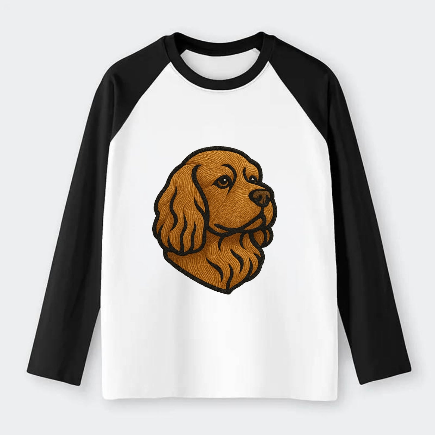 Sussex Spaniel - Golden liver embroidered low-set design - Raglan Long Sleeve T-Shirt - Black