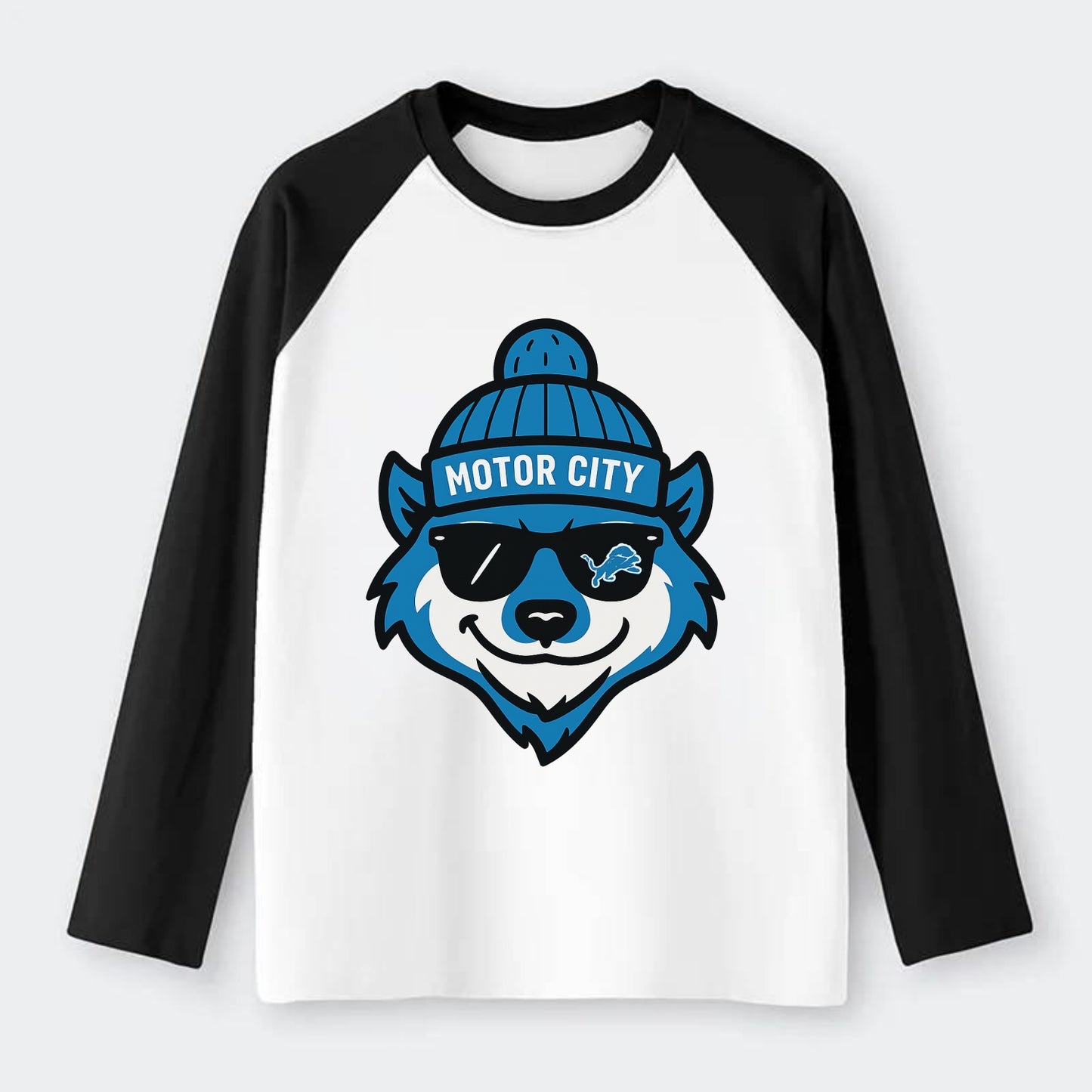 Motor City Wolverine wearing Lions beanie with gear patch and wayfarer - Raglan Long Sleeve T-Shirt - Black