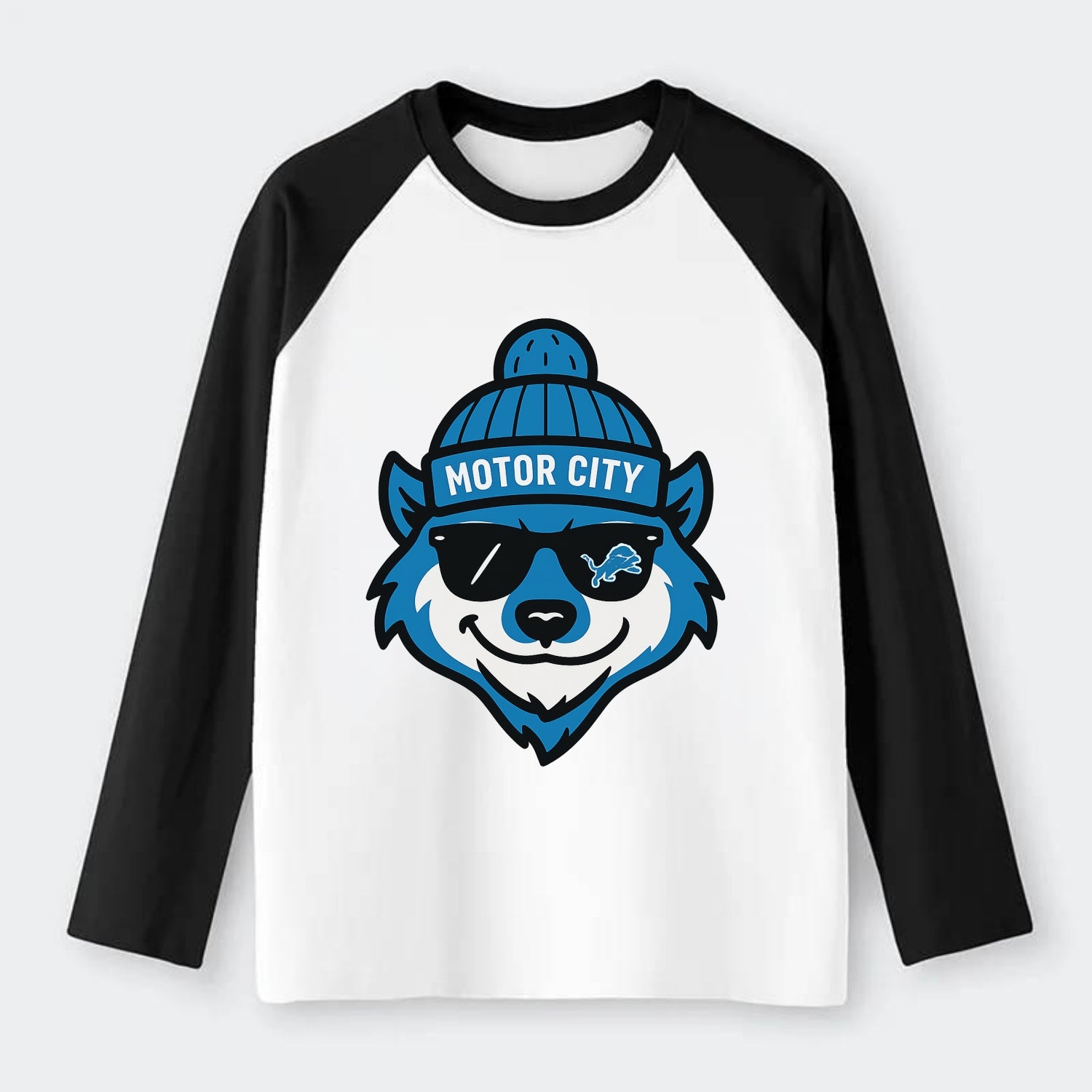 Motor City Wolverine wearing Lions beanie with gear patch and wayfarer - Raglan Long Sleeve T-Shirt - Black