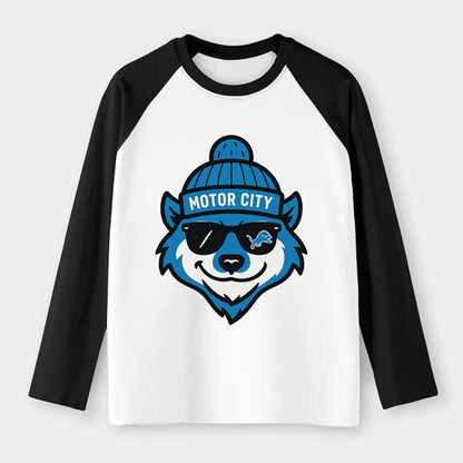 Motor City Wolverine wearing Lions beanie with gear patch and wayfarer - Raglan Long Sleeve T-Shirt - Black
