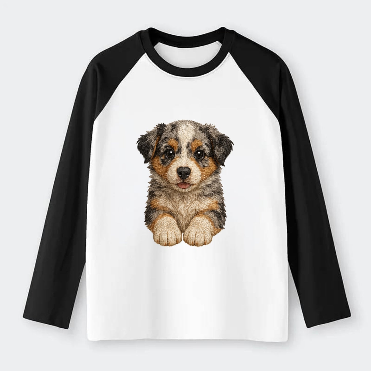 Baby Australian Shepherd Puppy - merle coat, bright eyes, fluffy, - Raglan Long Sleeve T-Shirt - Black